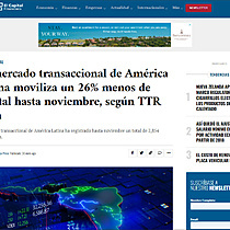 El mercado transaccional de Amrica Latina moviliza un 26% menos de capital hasta noviembre, segn TTR Data